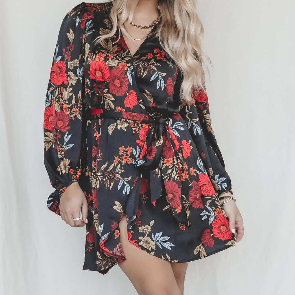 Floral Wrap Long Sleeve Dress - Black with Red Flowers